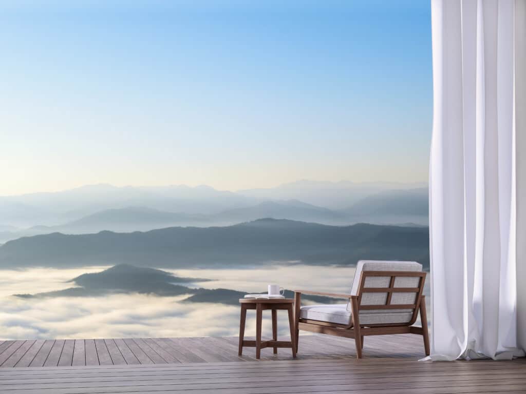 wooden,terrace,with,sea,of,fog,view,3d,render.there,has